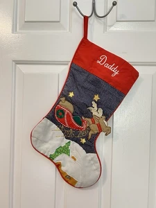Vintage Weihnachtsstrumpf gesteppt Schlitten Rentier 16" bestickt Papa - Bild 1 von 6