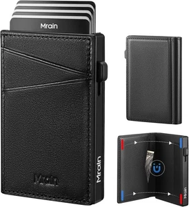 Herren Schmale Premium Leder Geldbörse Pop Up Kartenetui RFID Schutz Schwarz  - Bild 1 von 7