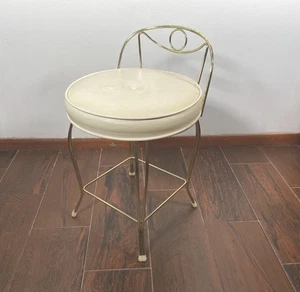 Vintage Mid Century Round Vanity Chair Stool Gold Tone Hairpin Legs Orig Upholst - Picture 1 of 8