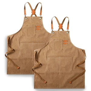 2 Pack Canvas Cross Back Chef Apron for Men Women with Pockets, Cotton Tool A... - Picture 1 of 7