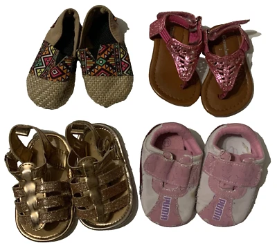 Shoes Lot 4 Pair Sandals Sneaker Slip On Bebe Puma Granimal Baby Girl 0-6 Month - Image 1 of 4