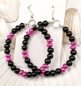 Black Pink Cerise Large Big Hoop Hooped Earrings Glass Beads 925 Silver Hooks - Picture 1 of 12