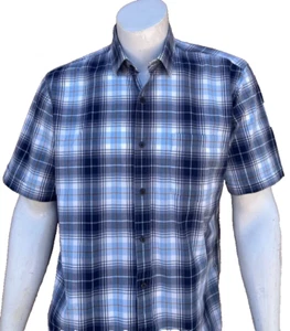 Camisa informal a cuadros azul con botones manga corta de diseñador Toscano para hombre talla grande - Imagen 1 de 7