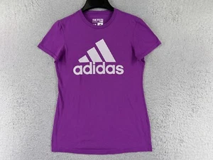 Adidas Shirt Girl Small Purple Spellout Logo Polyester Cotton Blend Short Sleeve - Picture 1 of 14
