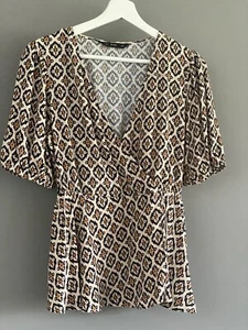 F&F Tesco Summer Beige Black Aztec Tile Print Faux Wrap Peplum Top Size 8 - Picture 1 of 8