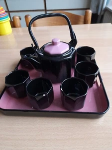 älteres 7-tlg. Teeservice, Schwarz-Pink - Bild 1 von 6