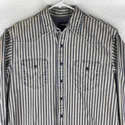 Vtg Wrangler Shirt Mens L (16.5x34) Blue Denim Brushpopper X Long Tails Stripe - Image 1 of 4