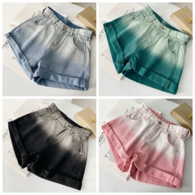 Women Gradient Color Denim Shorts High Waist Jeans Hot Pants Summer Casual Blue - Image 1 of 4