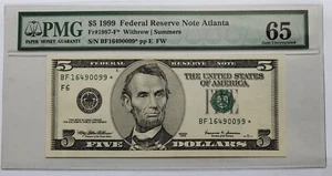 PMG $5 1999 FEDERAL RESERVE NOTE Fr#1987-F* GEM 65 STAR - Picture 1 of 4