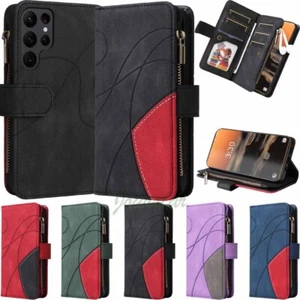 For Samsung S25 Plus S24 S23 S22 S21 S20 Zipper Wallet Holder Leather Case Cover - Picture 1 of 40