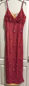Papell Boutique Evening Spaghetti Strap Beaded Silk Maxi Dress Size 14 Hot Pink - Picture 1 of 11