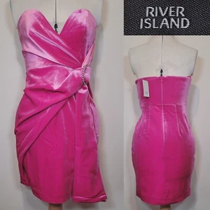 River Island Mini Dress Pink Bandeau Faux Wrap Velvet Style Size 8 New - Picture 1 of 10