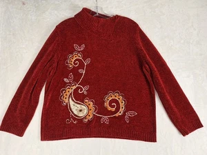 Alfred Dunner Womens L Red Chenille Embroidered Sweater Paisley Ribbed Cozy Mock - Picture 1 of 9