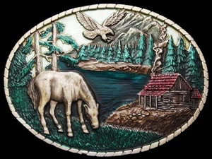 JE29171 VINTAGE 1985 IMC **LAKE CABIN W/ HORSE & EAGLE** LACQUER INLAID BUCKLE - Picture 1 of 2