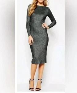 TED BAKER London Size 2 (US S) Silvery Black Shimmer Stretch Midi Evening Dress - Picture 1 of 8