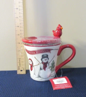 NEW St. Nicholas Square YULETIDE Lidded Coaster Mug Set Snowman Warm Wishes - Image 1 of 4