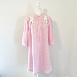 Vintage Light Pink Sherpa Fleece House Coat Nightgown Robe Lace Ribbon Zip Small - Picture 1 of 16