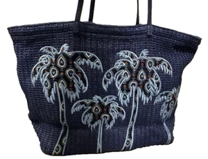 Vera Bradley Large Straw Tote Bag Purse Navy Blue Palm Tree Design Travel Beach - Bild 1 von 14