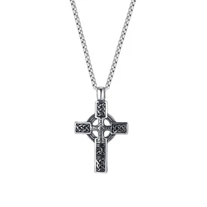 Mens Irish Celtic Trinity Knot Cross Pendant Necklace Stainless Steel Set - Picture 1 of 8