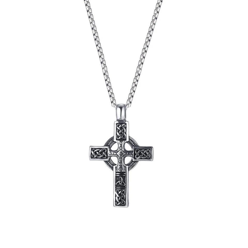 Mens Irish Celtic Trinity Knot Cross Pendant Necklace Stainless Steel Set - Image 1 of 4
