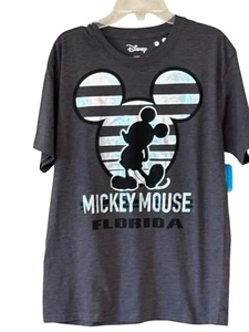 Disney Striped Silver Mickey Mouse Florida Gray Tee Shirt Size Small 34/36 NWT - Picture 1 of 5