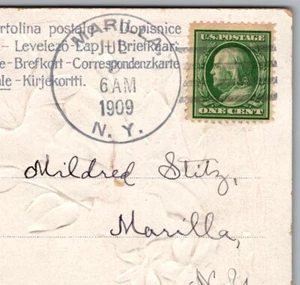 Marilla New York NY 1909 Type A 4 Bar Cancel Postmark Birthday Postcard Cover - Bild 1 von 5