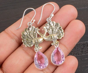 Morganite Gemstone Hook Earrings 925 Sterling Silver Peacock Handmade Jewelry - Picture 1 of 5