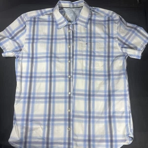 Camisa Tommy Hilfiger Hombre XXL Azul a Cuadros Ajuste Personalizado 100% Algodón Manga Corta - Imagen 1 de 6