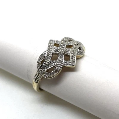 9ct Gold Diamond Ring Size O 9k Yellow Gold Hallmarked Celtic Diamond Twist Ring - Image 1 of 4