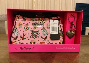 ED HARDY Convertible Wristlet Purse - Skull Birds Tattoos + Heart Key Ring *NEW - Picture 1 of 6