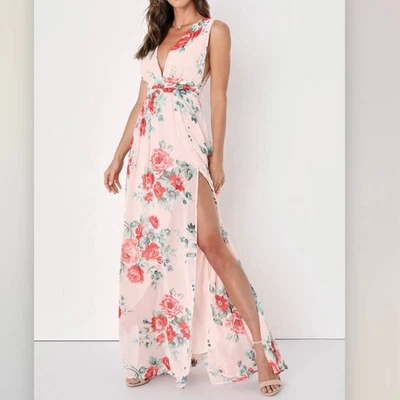 Novo com etiquetas Vestido Maxi Lulus Rosa Pêssego Jardim Blush Sinuoso Floral Chiffon MÉDIO - Imagem 1 de 4