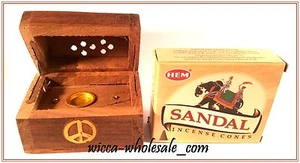 ONE ASST WOODEN SMALL COFFIN BOX INCENSE BURNER & 1 BOX OF SANDAL CONE INCENSE - Picture 1 of 3