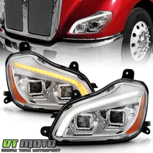 For 2013-2019 Kenworth T680 Chrome LED Switchback Sequential Siganl Headlights - Picture 1 of 10
