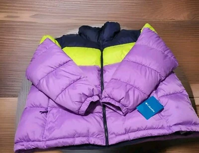 Chaqueta acolchada Columbia para mujer Puffect color bloqueado púrpura azul amarillo talla 2X Foto 1 de 4