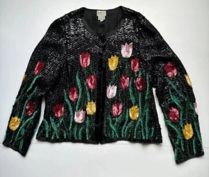 Judith Ann Vintage Full Sequin Beaded Jacket Tulip Flowers Silk Size S - Picture 1 of 12