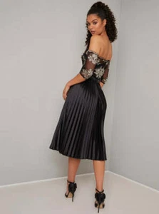 Chi Chi London Lace Floral Bardot Sleeves Occasion Party Midi Dress 8 Black/Gold - Picture 1 of 2