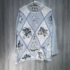 Tiara International Vintage Weihnachtspullover handgestrickt verziert blau Urlaub M - Bild 1 von 8