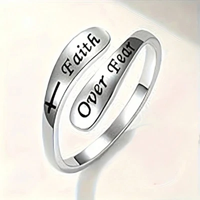 Anillo Abierto Fe Sobre Miedo Plata 925 Ajustable Grabado Religioso Espiritual Cruz Foto 1 de 4