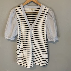 ANN TAYLOR LOFT Shirt Size Medium Blue White Striped Popover Top Coastal Beach - Picture 1 of 13