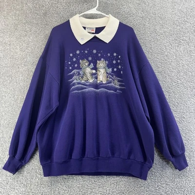 Sudadera De Colección Morning Sun Para Mujer 3XL Púrpura Gatito Nieve Invierno Hecha en EE. UU. 90s Foto 1 de 4