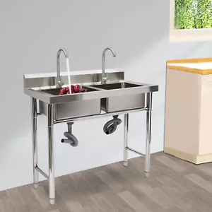 Commercial Sink Stainless Steel 2 Compartment Kitchen Utility Sink With 2 Faucet - Picture 1 of 16