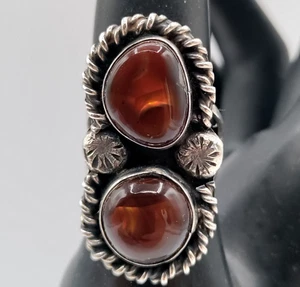 Vintage Southwest Navajo Sterling Silver Large Double Fire Agate Ring Size 6.75 - Picture 1 of 9