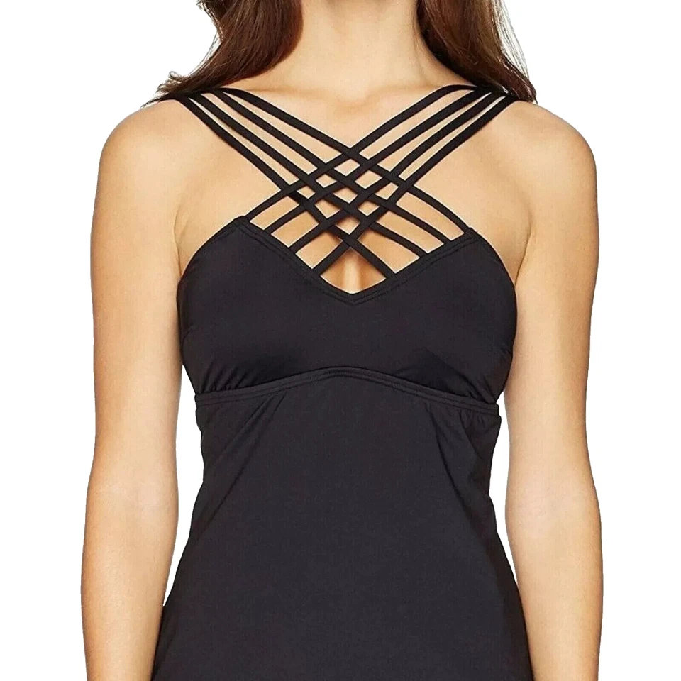 Kenneth Cole Solids Strappy Front Convertible Tankini Top S KC8EE82 Black