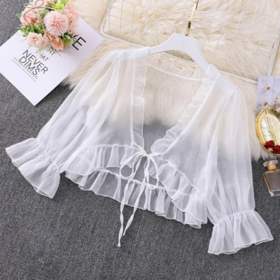 Women Chiffon Ruffles Shrug Bolero Capelet Cardigan Cape Mesh Sheer Crop Top - Image 1 of 4