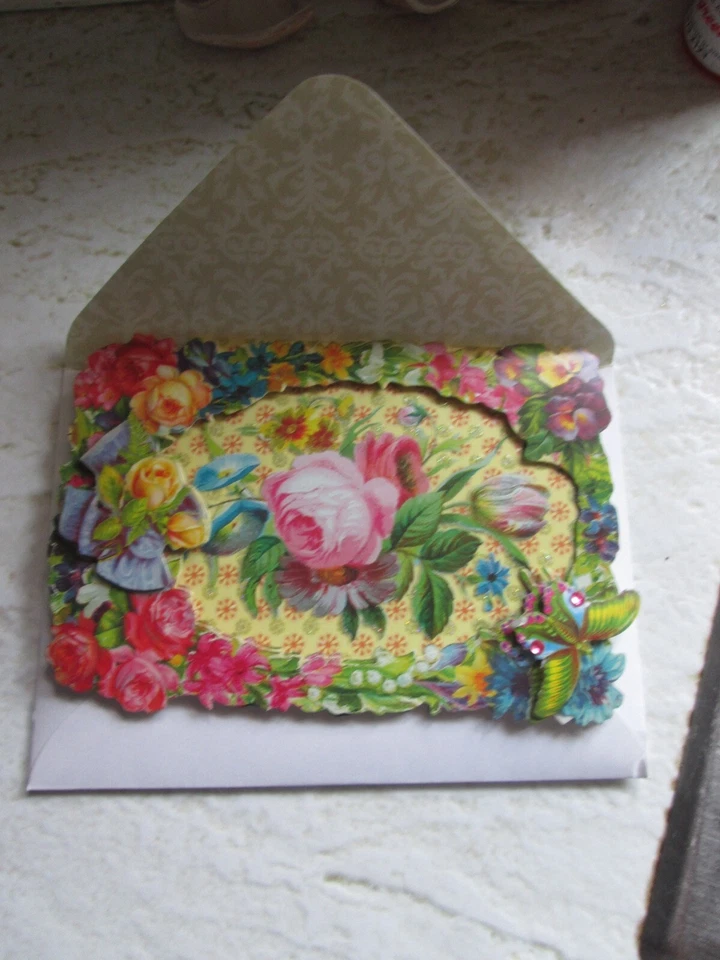 PUNCH STUDIO FLORAL DIE CUT ROSES CARD BLANK BUTTERFLY RHINESTONE W/ENVELOPE NEW - Image 1 of 4
