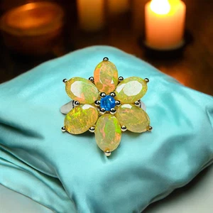 10K Gold- Natural Opal Flower Ring -Size 6.25- Fire Opal - Blue Opal Ring - 2.3g - Picture 1 of 21