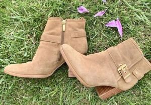 Franco Sarto Suede Boots SZ 8 Sager Chelsea Women’s Booties Side Zip Chunky Heel - Picture 1 of 20