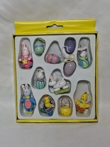 Wood Painted Easter Egg & Bunny Rabbit Ornaments Mini Tree Decor. 12 Pieces - Picture 1 of 7