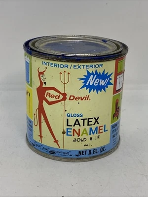 VINTAGE RED DEVIL BOLD BLUE Paint bucket 8oz Tin 60s - Image 1 of 4