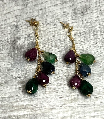 18K yellow gold dangle earrings large natural gemstone teardrops Ruby Emerald - Image 1 of 4